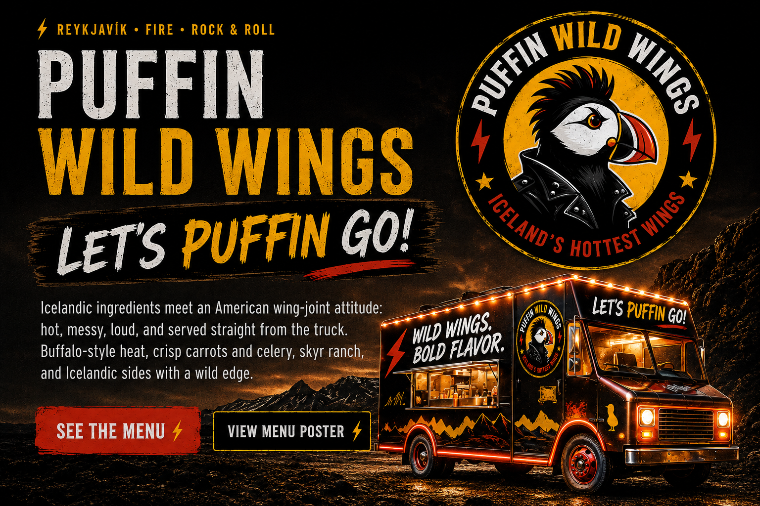 Puffin Wild Wings — Let's Puffin Go! branded hero with illuminated food truck