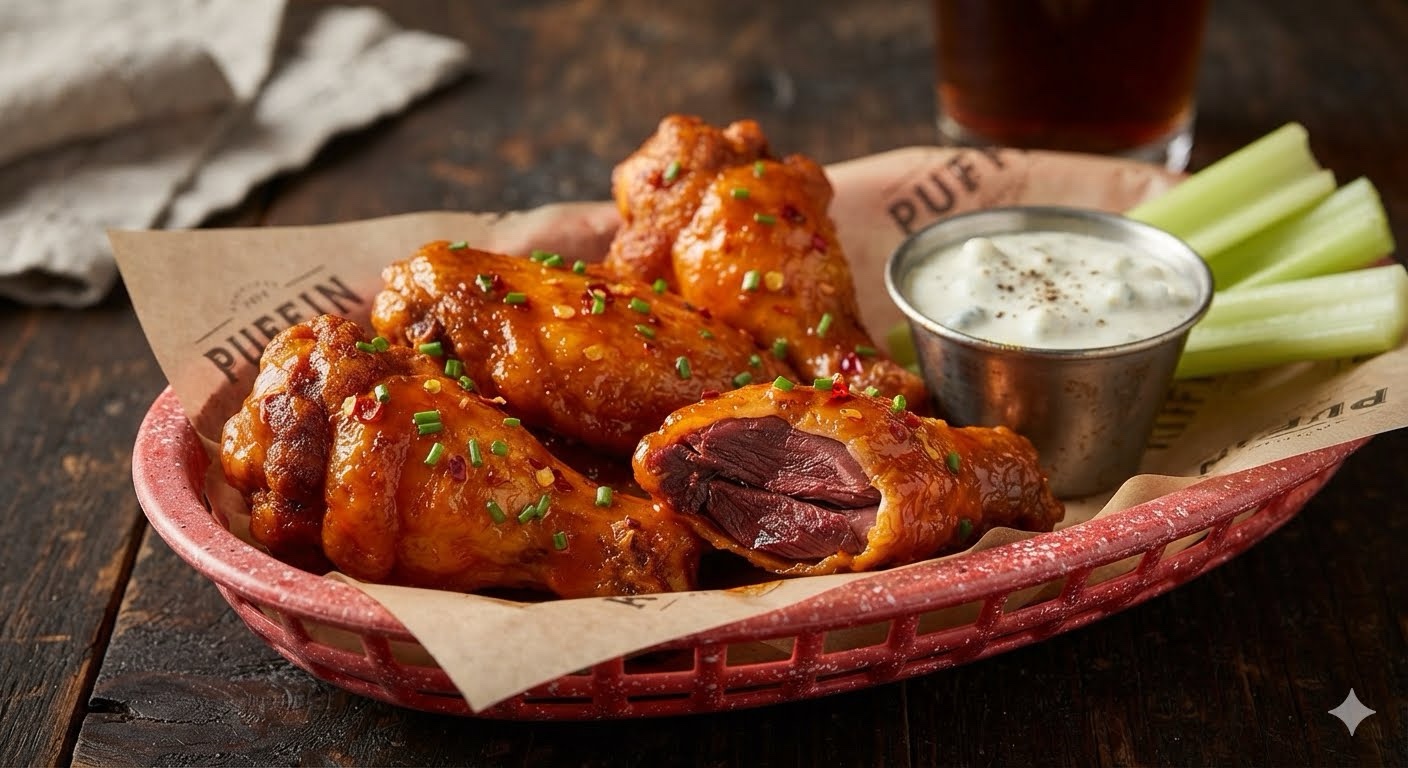 Sauced puffin wings with carrots, celery and dipping sauce